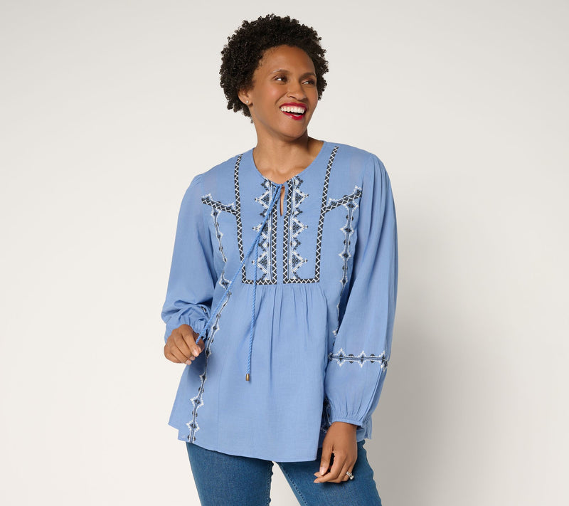 Ree by The Pioneer Woman Woven Cotton Embroidered Tie Neck Tunic — View 2