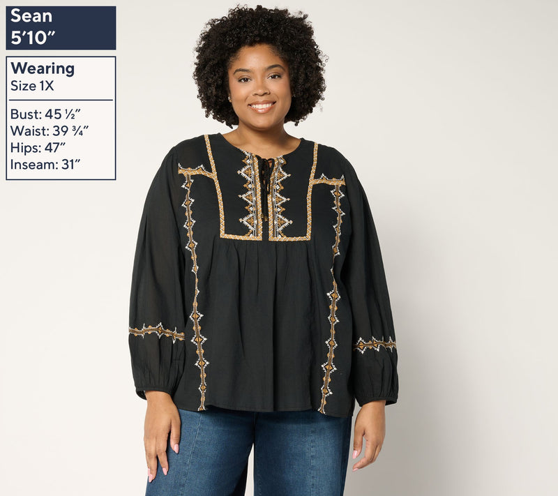 Ree by The Pioneer Woman Woven Cotton Embroidered Tie Neck Tunic — View 3