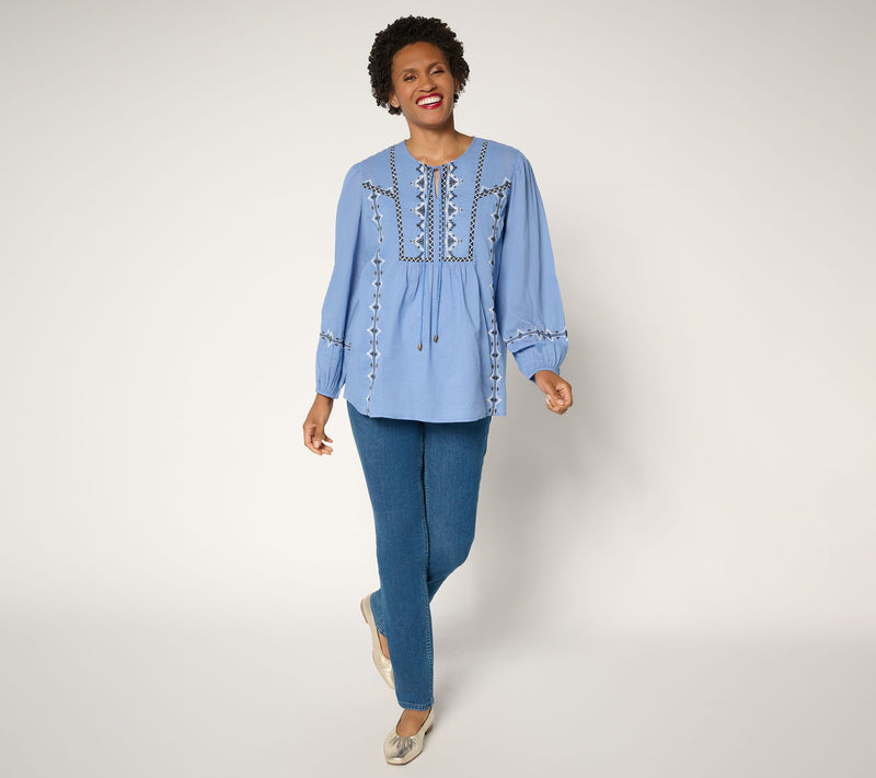 Ree by The Pioneer Woman Woven Cotton Embroidered Tie Neck Tunic — View 6
