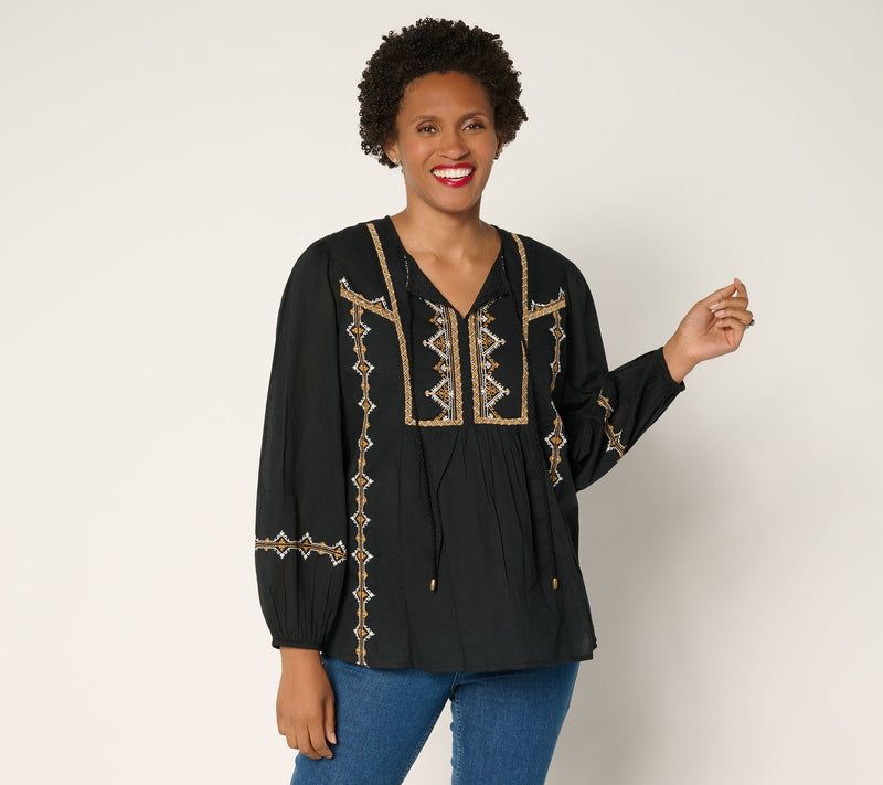 Ree by The Pioneer Woman Woven Cotton Embroidered Tie Neck Tunic — View 14