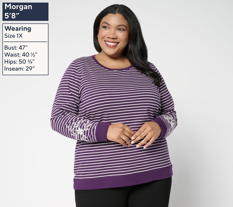 Denim & Co. Yarn Dye Stripe French Terry Pullover with Embroidery — View 2