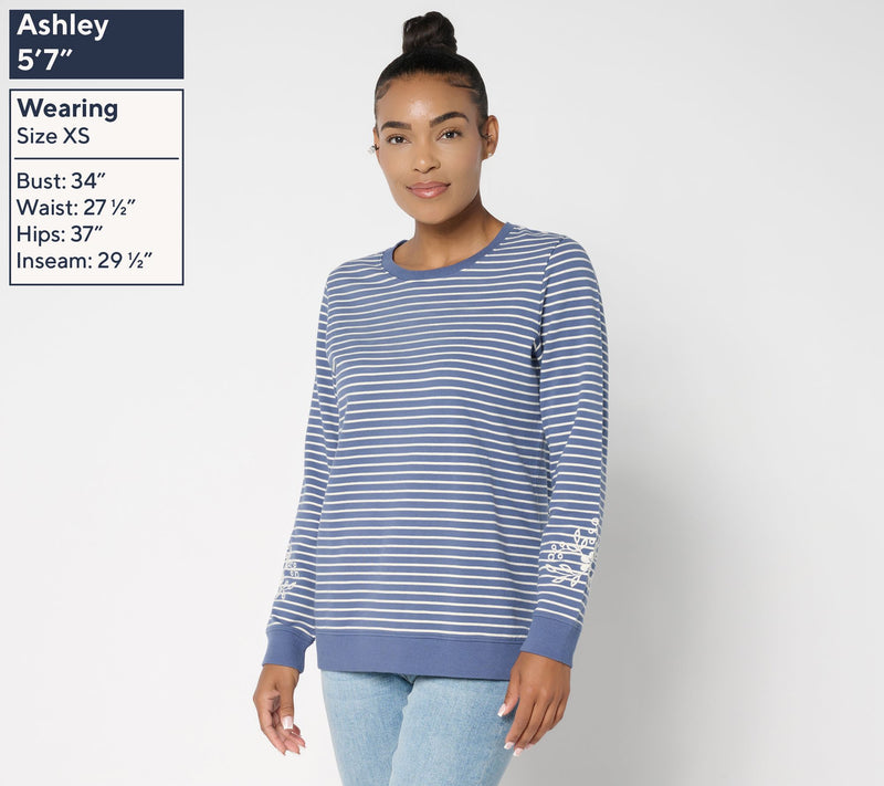 Denim & Co. Yarn Dye Stripe French Terry Pullover with Embroidery — View 3