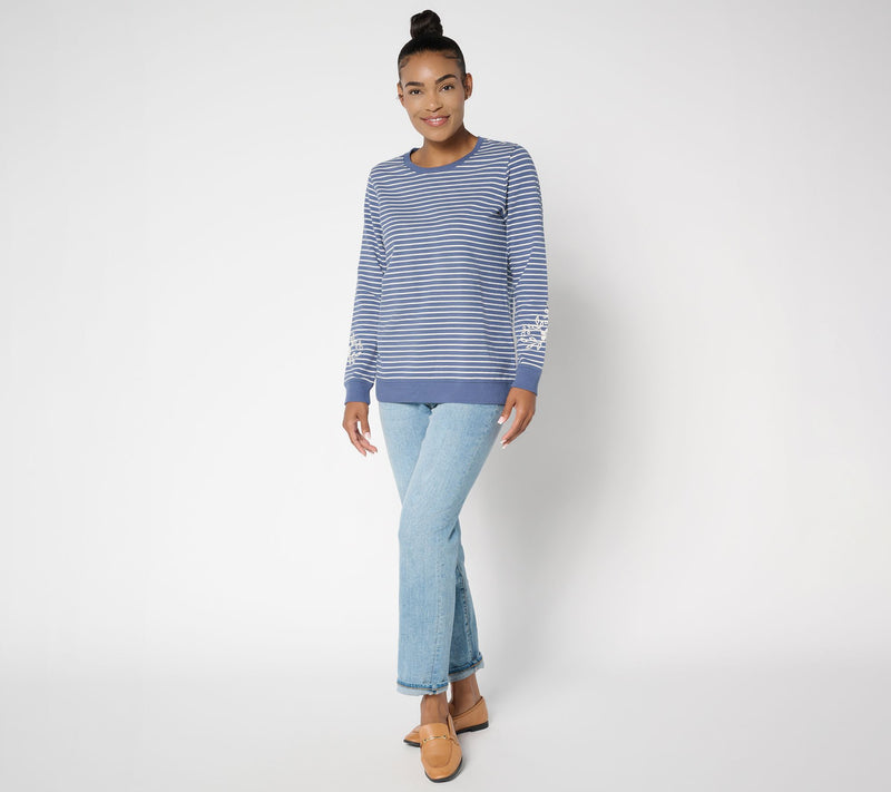 Denim & Co. Yarn Dye Stripe French Terry Pullover with Embroidery — View 5