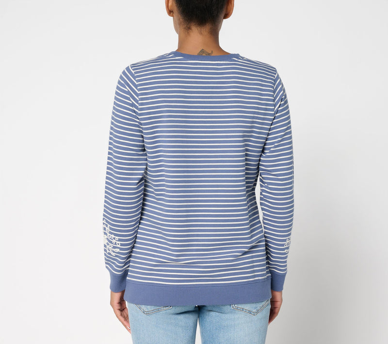 Denim & Co. Yarn Dye Stripe French Terry Pullover with Embroidery — View 4