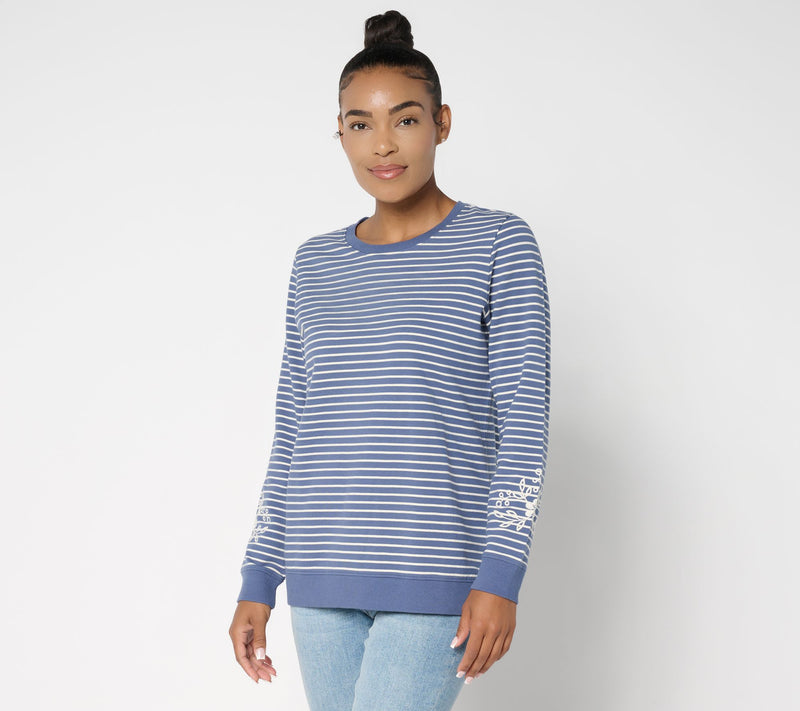 Denim & Co. Yarn Dye Stripe French Terry Pullover with Embroidery — View 10