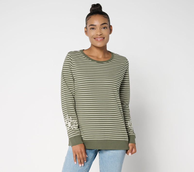 Denim & Co. Yarn Dye Stripe French Terry Pullover with Embroidery — View 12