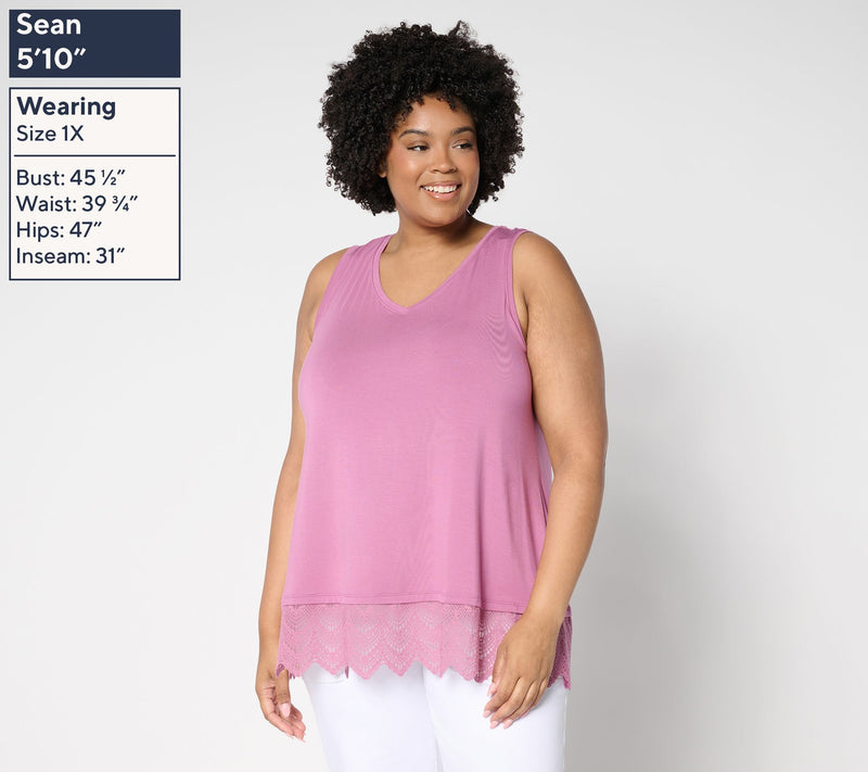 LOGO Layers by Lori Goldstein Regular Knit Tank with Lace Hem — View 10