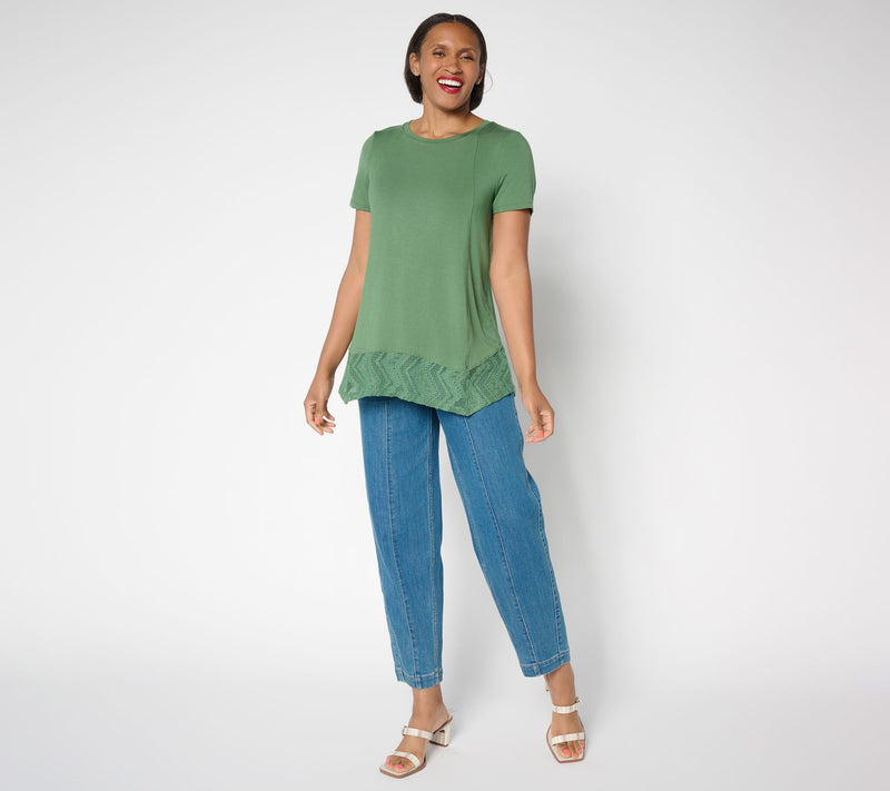 LOGO Layers by Lori Goldstein Regular Short Sleeve Tee with Lace Trim — View 5