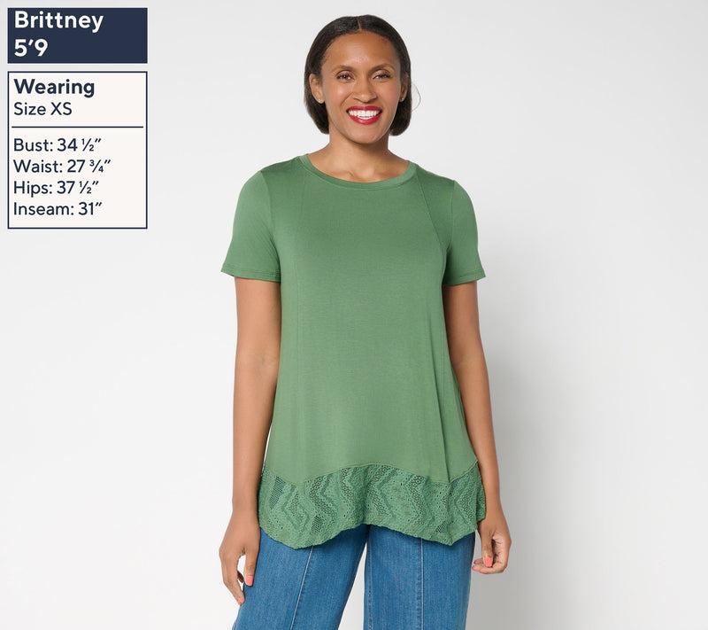 LOGO Layers by Lori Goldstein Petite Short Sleeve Tee with Lace Trim — View 3