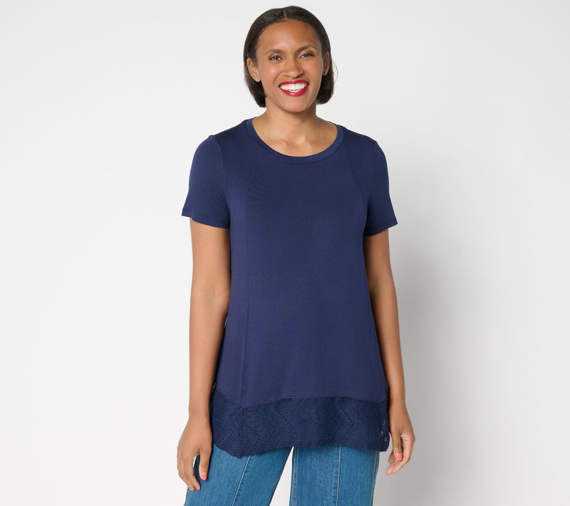 LOGO Layers by Lori Goldstein Petite Short Sleeve Tee with Lace Trim — View 13