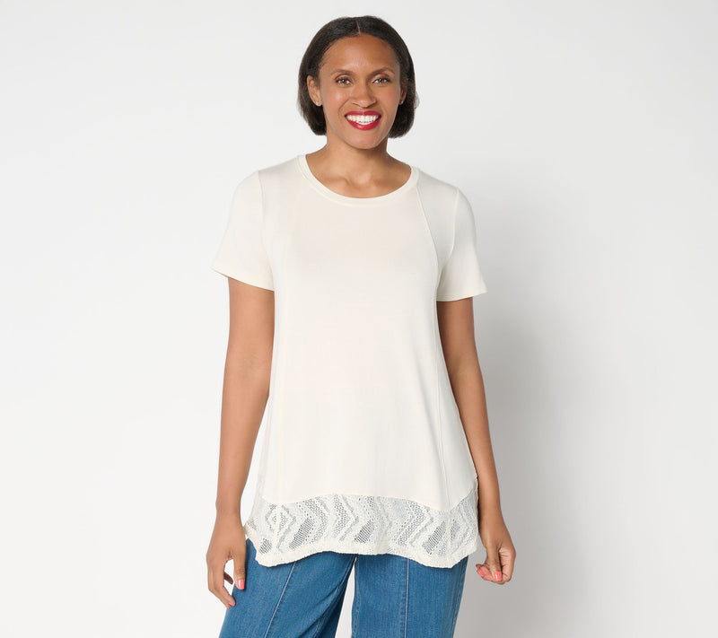LOGO Layers by Lori Goldstein Petite Short Sleeve Tee with Lace Trim — View 14