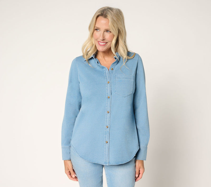 Ree by The Pioneer Woman Knit Denim Button Front Shirt — View 12