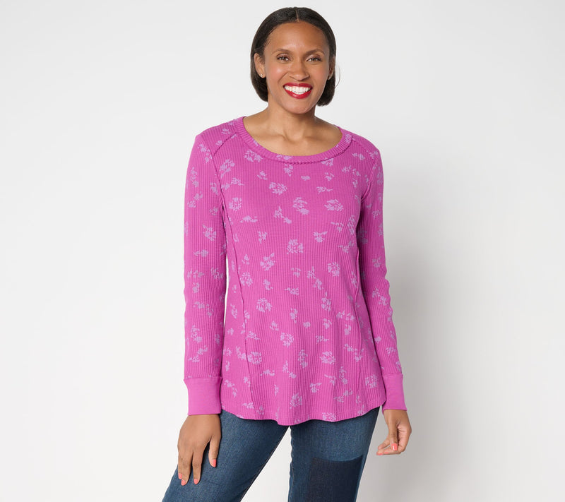 LOGO by Lori Goldstein Printed Waffle Long Sleeve Top — View 14