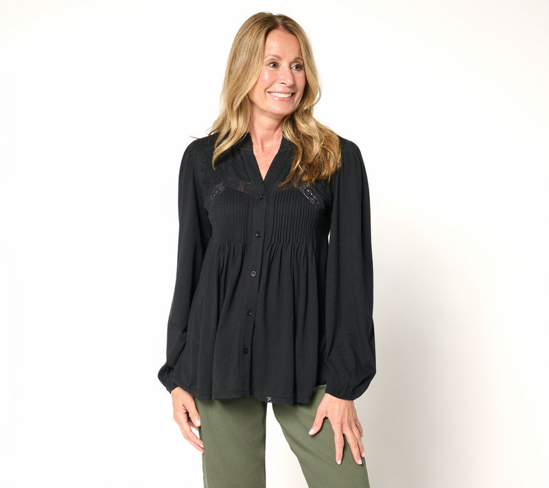 LOGO Lavish by Lori Goldstein Knit Button Front Blouse — View 9