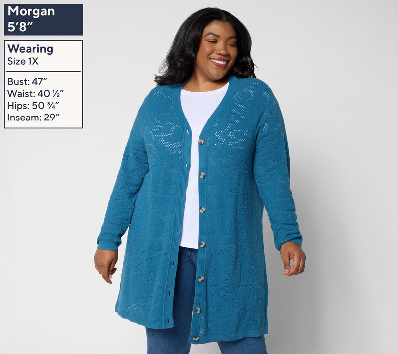 LOGO by Lori Goldstein Regular Button Front 100% Cotton Cardigan — View 2