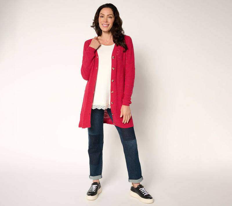 LOGO by Lori Goldstein Regular Button Front 100% Cotton Cardigan — View 5
