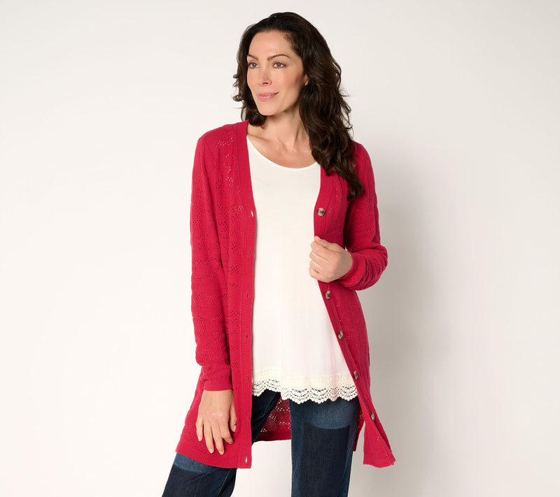 LOGO by Lori Goldstein Regular Button Front 100% Cotton Cardigan — Main view