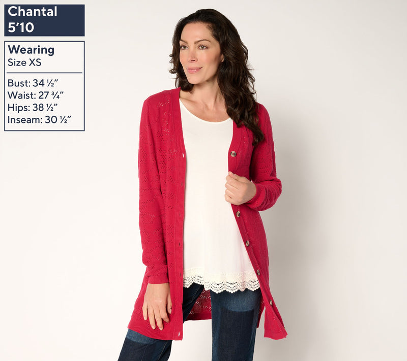 LOGO by Lori Goldstein Regular Button Front 100% Cotton Cardigan — View 3