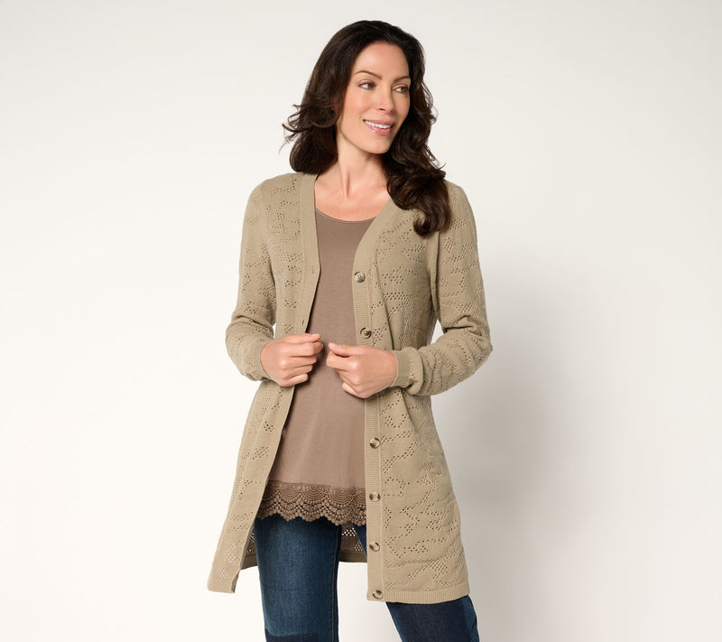 LOGO by Lori Goldstein Regular Button Front 100% Cotton Cardigan — View 12