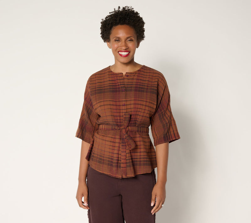 Me by Jennie Garth Laurel Plaid Blouse with Self Belt — View 11