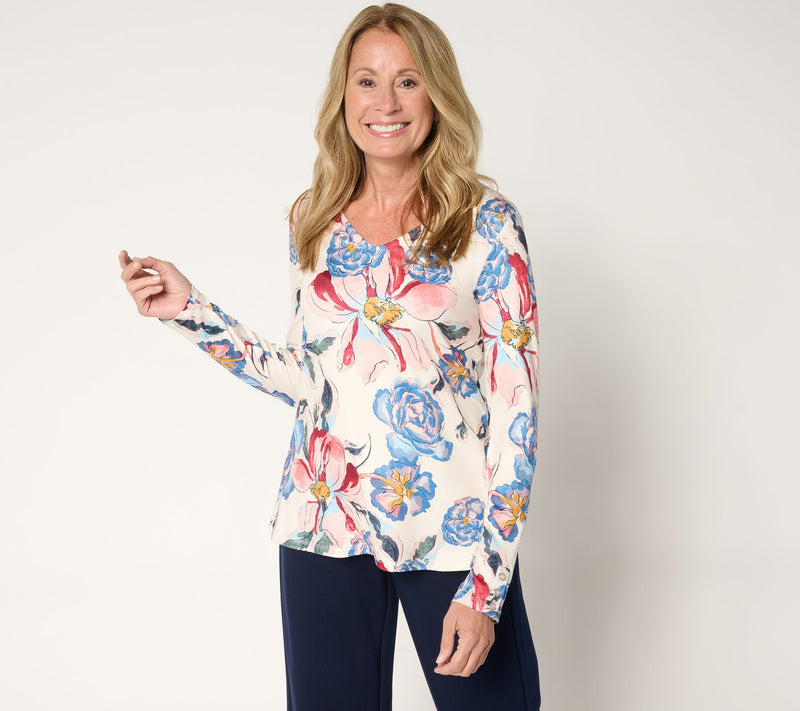 Women with Control Knit Print or Solid V-Neck Top — View 14
