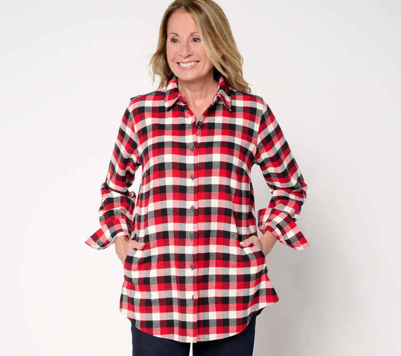 Joan Rivers Petite Flannel Buffalo Check Shirt with Back Buttons — View 9
