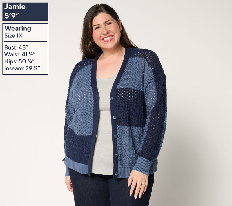 AnyBody Cotton Color Block Button Front Sweater Cardigan — View 2