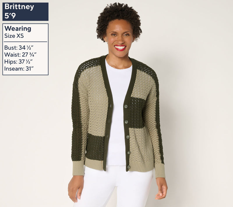 AnyBody Cotton Color Block Button Front Sweater Cardigan — View 3