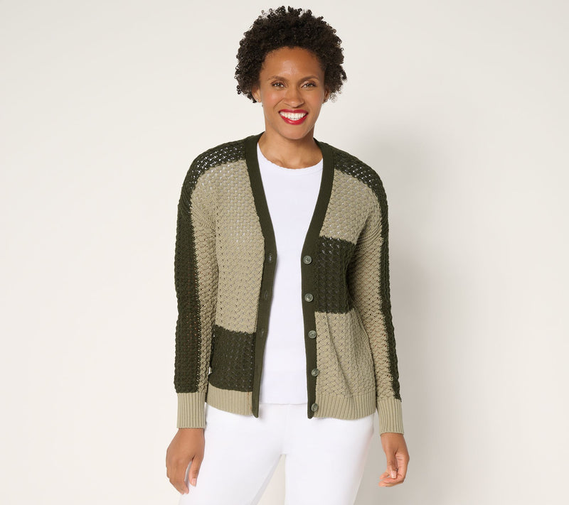 AnyBody Cotton Color Block Button Front Sweater Cardigan — Main view