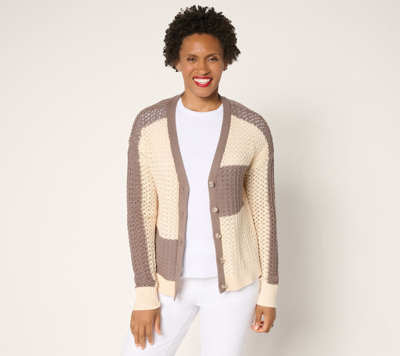 AnyBody Cotton Color Block Button Front Sweater Cardigan — View 11