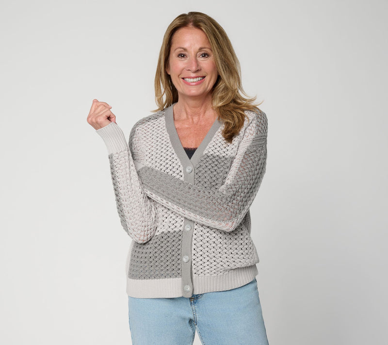 AnyBody Cotton Color Block Button Front Sweater Cardigan — View 14