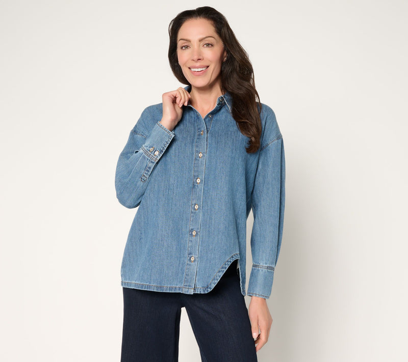 Peace Love World Denim Button Front Shirt with Curved Hem — Main view