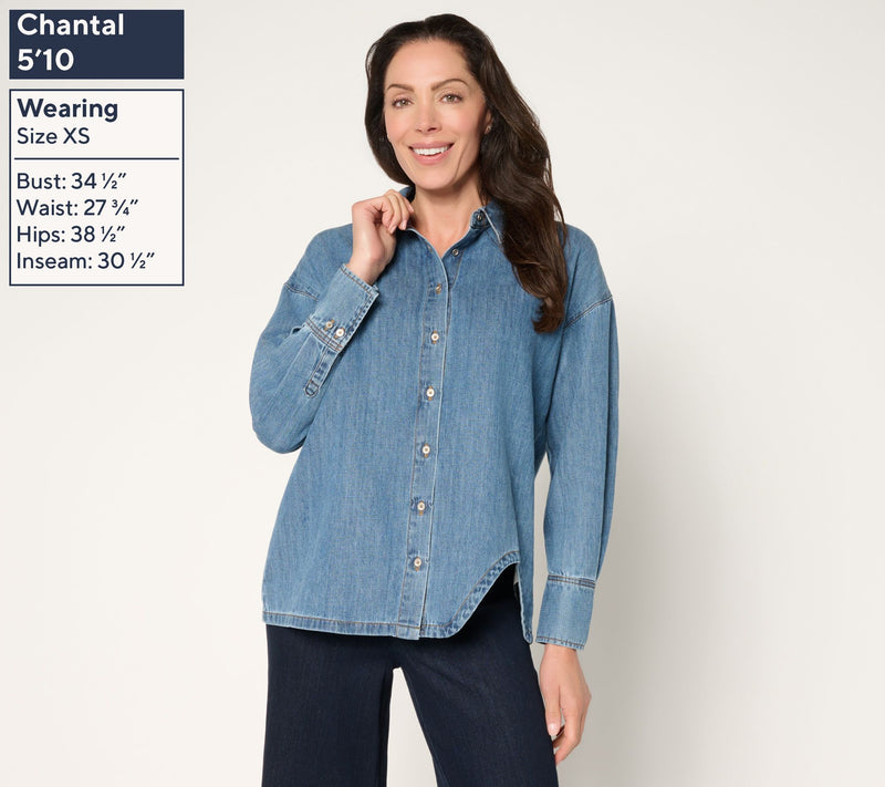 Peace Love World Denim Button Front Shirt with Curved Hem — View 5