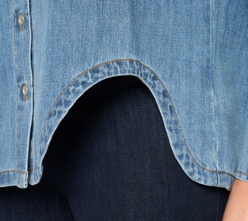 Peace Love World Denim Button Front Shirt with Curved Hem — View 8