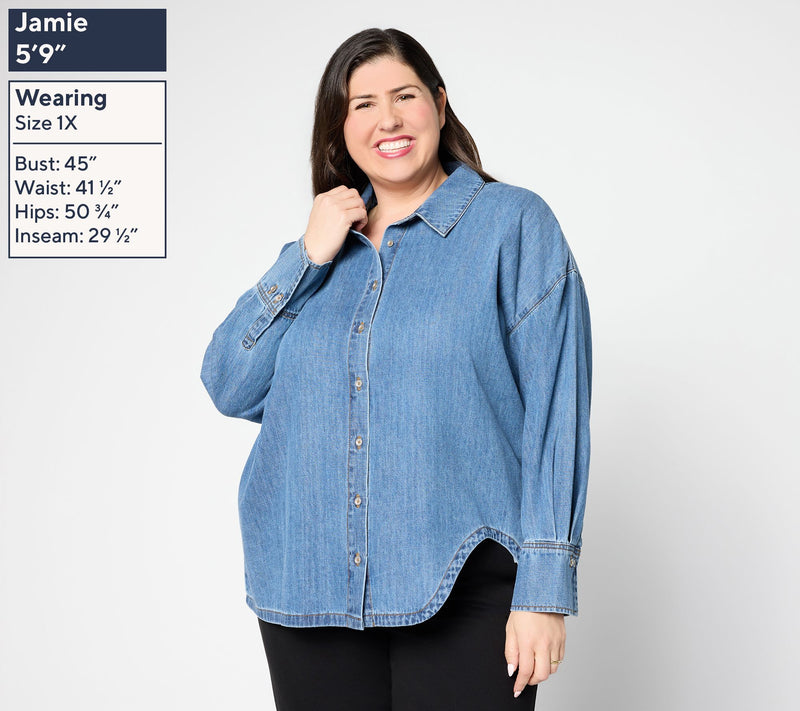 Peace Love World Denim Button Front Shirt with Curved Hem — View 4