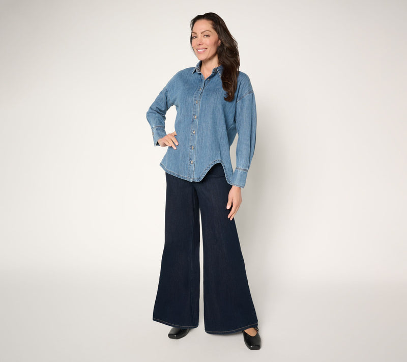 Peace Love World Denim Button Front Shirt with Curved Hem — View 7