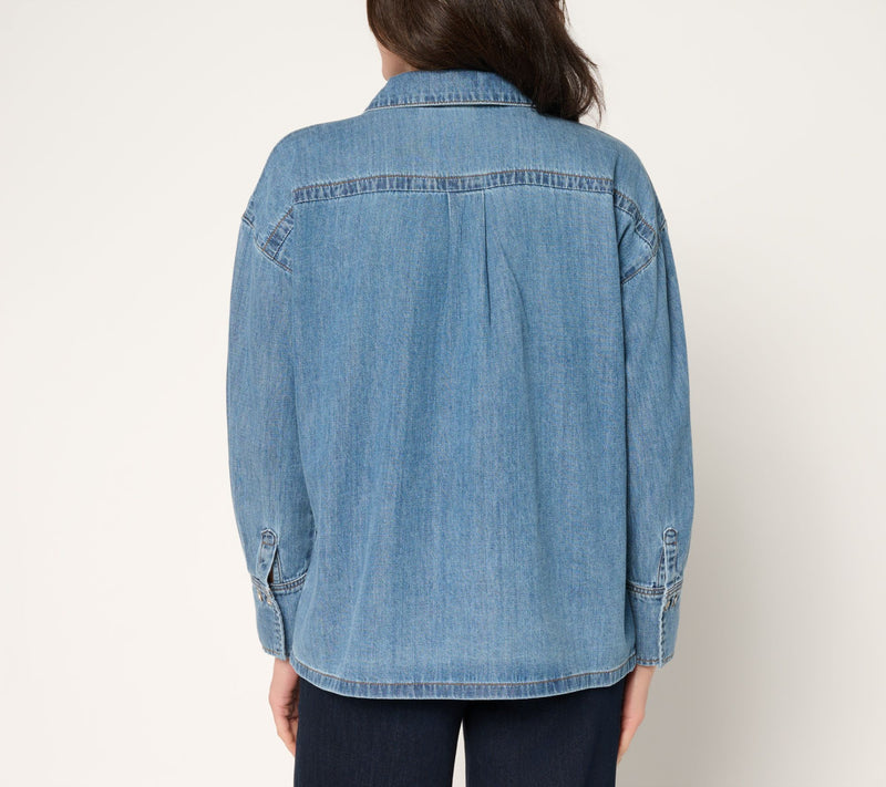 Peace Love World Denim Button Front Shirt with Curved Hem — View 6
