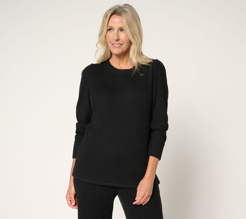 AnyBody Brushed Waffle Knit Crew Neck Top with Tall Cuff — View 12