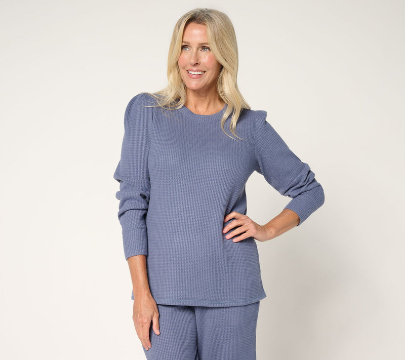 AnyBody Brushed Waffle Knit Crew Neck Top with Tall Cuff — View 14