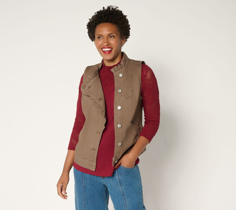 LOGO by Lori Goldstein Denim Ruffle Vest — View 14