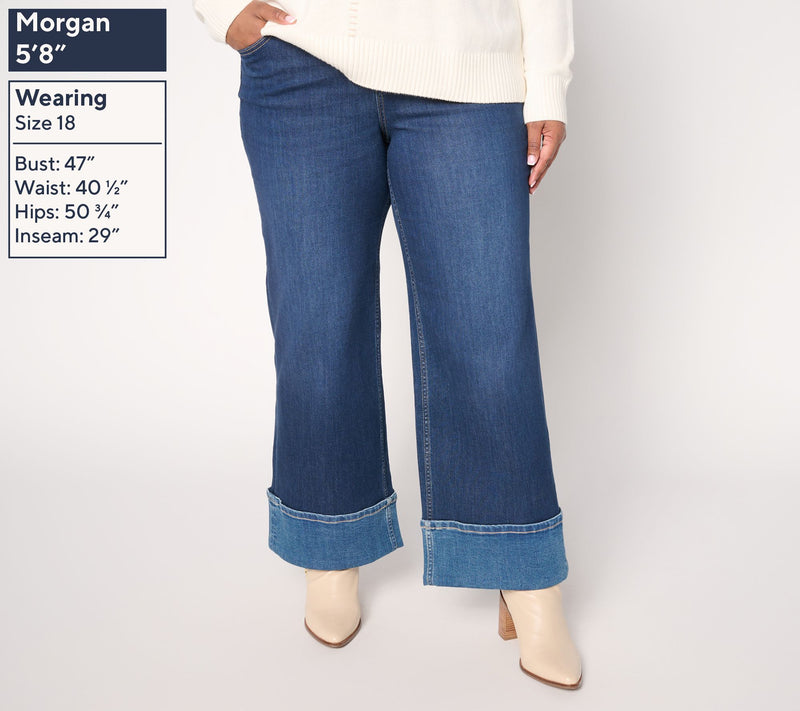 LOGO by Lori Goldstein Petite Wide Full-Length Cuff Jeans — View 2