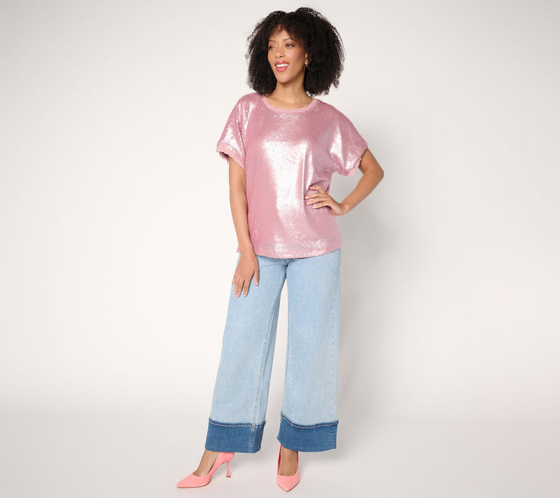 LOGO by Lori Goldstein Petite Wide Full-Length Cuff Jeans — View 5