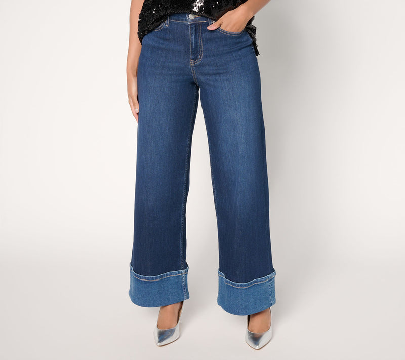 LOGO by Lori Goldstein Petite Wide Full-Length Cuff Jeans — View 12