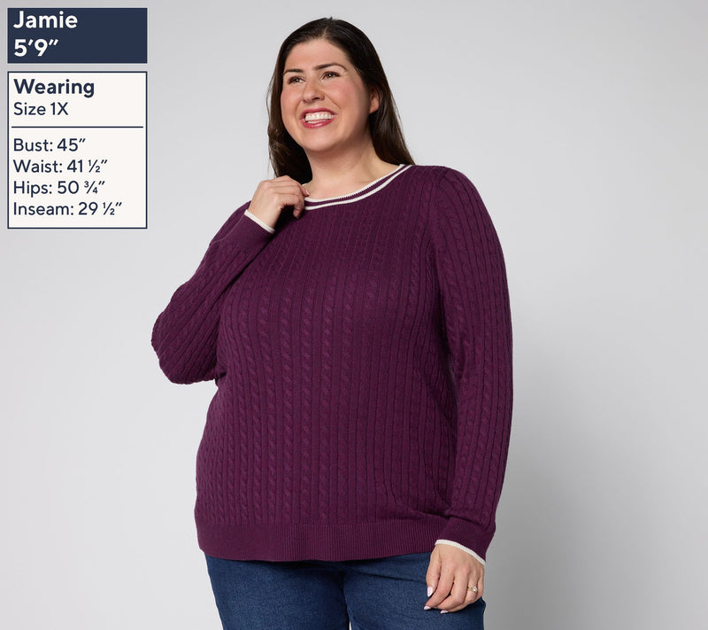 Joan Rivers Cable Knit Crewneck Sweater with Tipping — View 2