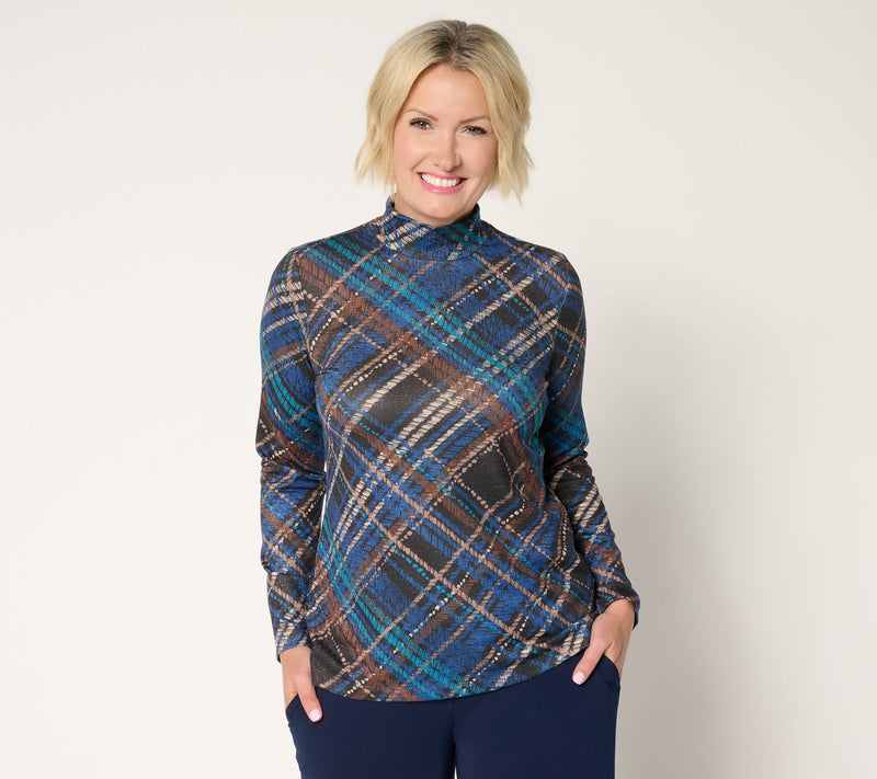 Susan Graver Printed Metallic Knit Mock Neck Top — View 14