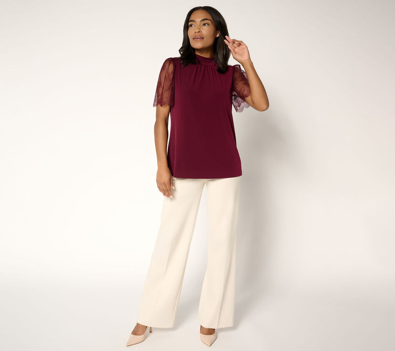 Susan Graver Occasions Liquid Knit Mock Neck Top w/ Lace Sleeves — View 5