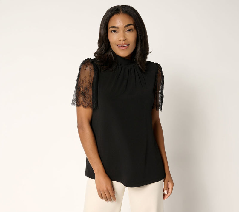 Susan Graver Occasions Liquid Knit Mock Neck Top w/ Lace Sleeves — View 10