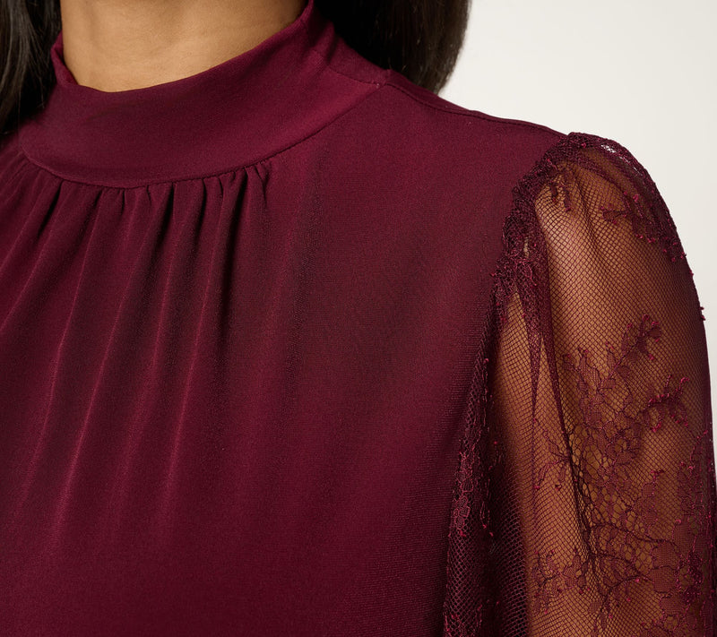 Susan Graver Occasions Liquid Knit Mock Neck Top w/ Lace Sleeves — View 6