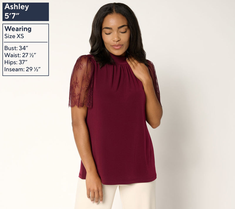 Susan Graver Occasions Liquid Knit Mock Neck Top w/ Lace Sleeves — View 3