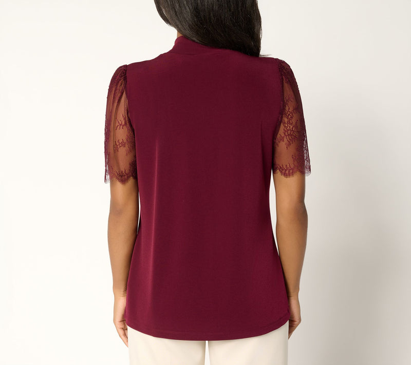 Susan Graver Occasions Liquid Knit Mock Neck Top w/ Lace Sleeves — View 4